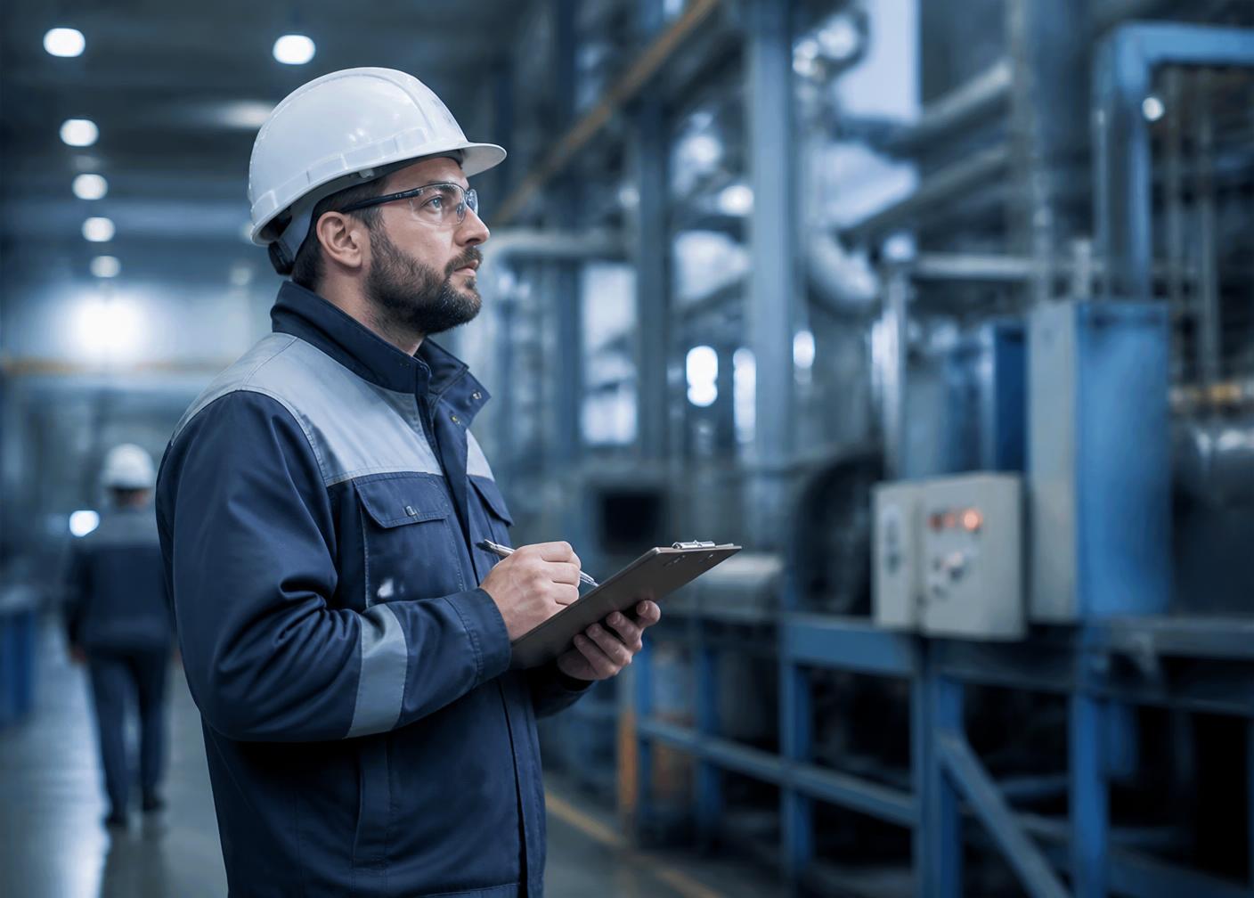 Engenheiro de segurança do trabalho inspecionando uma unidade industrial