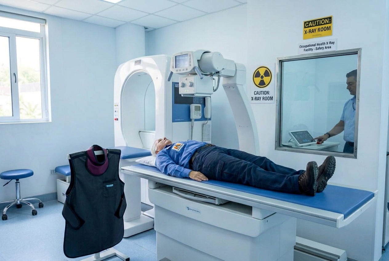Sala de raio-X ocupacional com técnico posicionando o trabalhador
