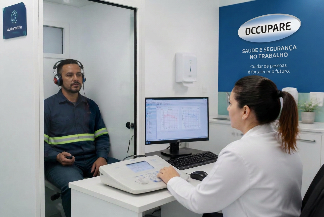 Fonoaudióloga da Occupare realizando exame de audiometria em um trabalhador em Curitiba